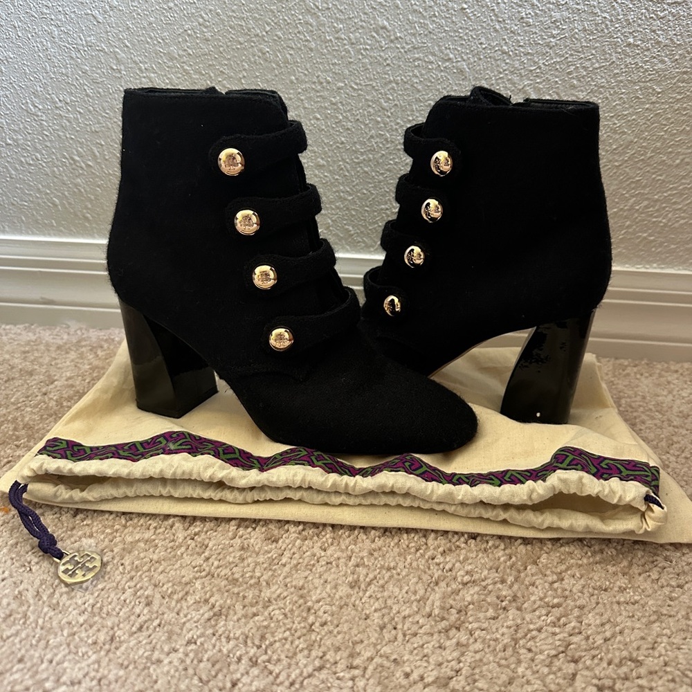 Tory Burch Black Suede Button Ankle Boots Size 7.5M with Dust Bag